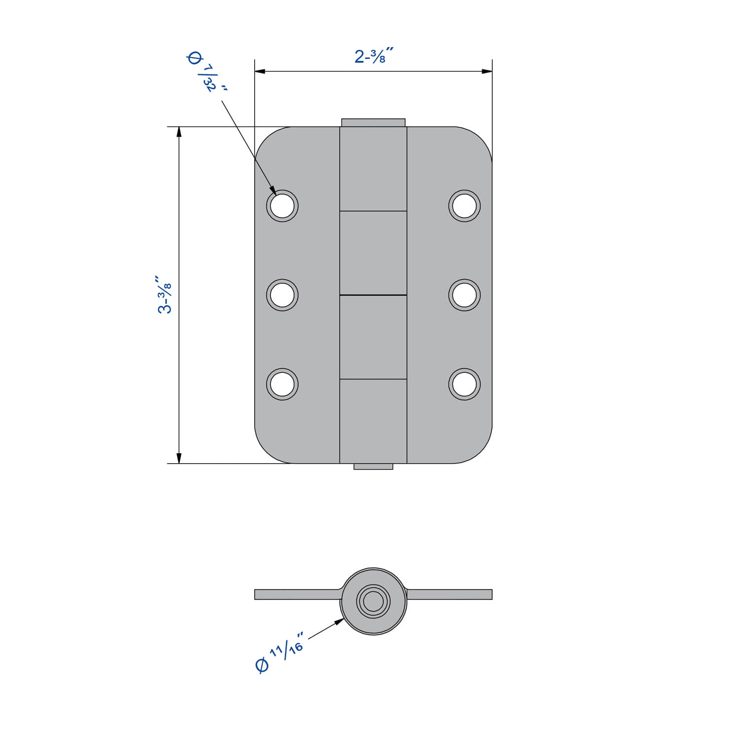Drawing with dimensions of our Galvanized Steel Hinge - 1/2" axle diameter - 3-3/8" height