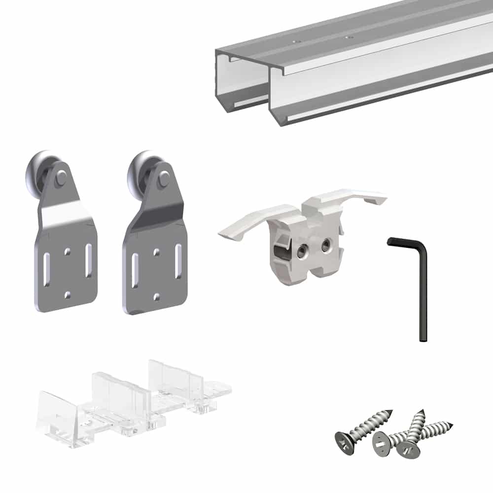 Content of our SLID'UP 110 complete kit for 2 or 3 sliding bypass closet doors