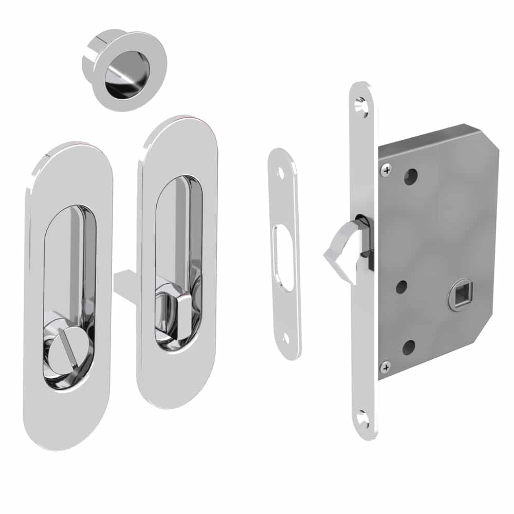 Mortise lock kit – Round finger pull and oval flush handles with locking device - Steel with chrome finish