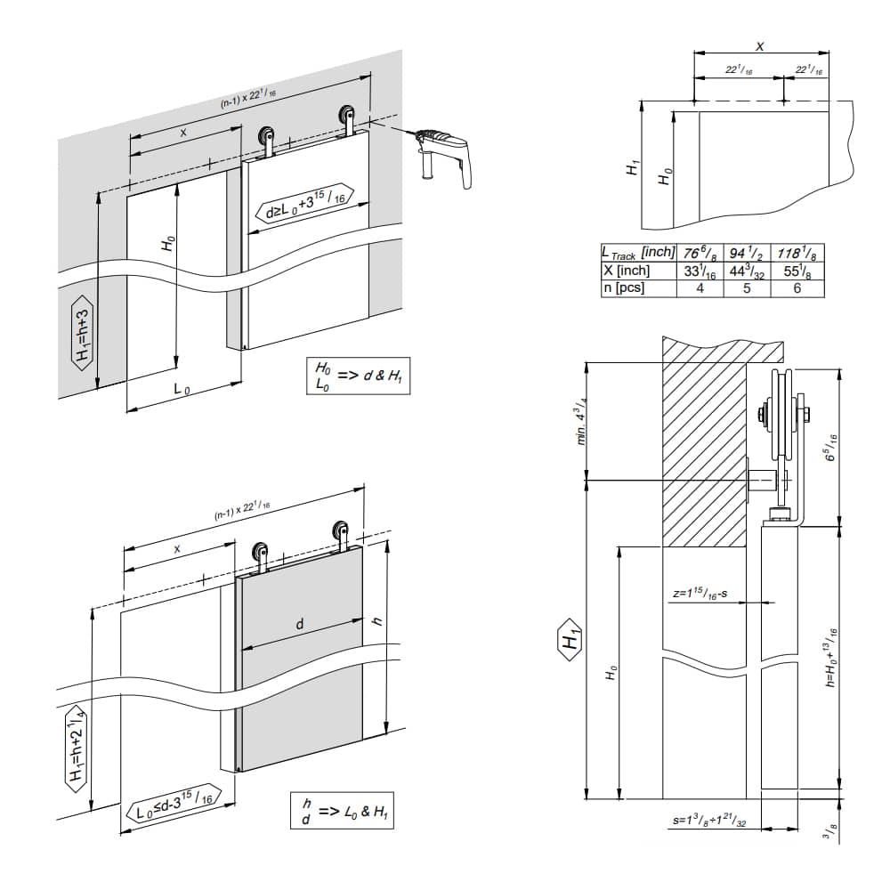 Drawing with dimensions of our SLID'UP 270 - Sliding barn door hardware kit - Short hangers