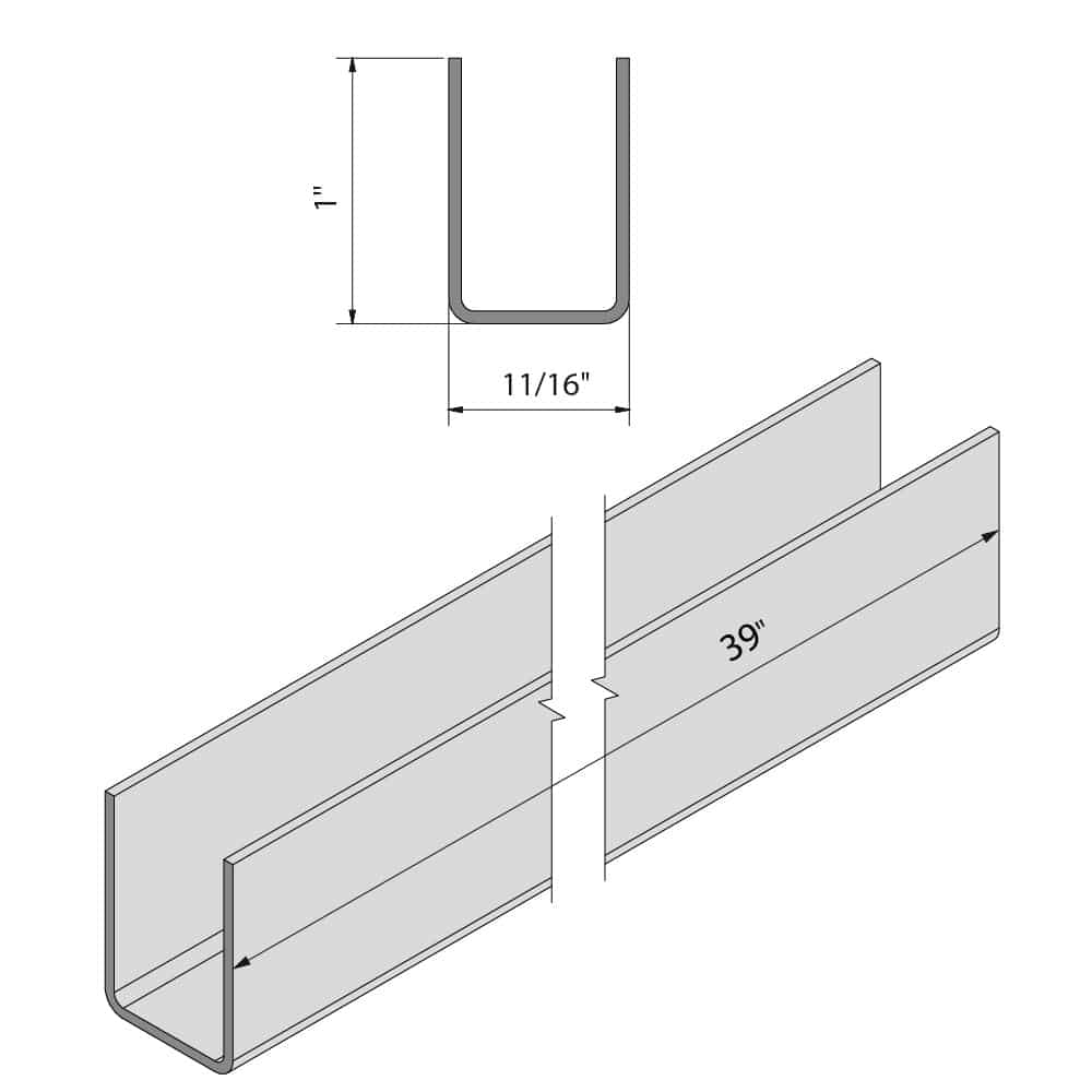 Drawing with dimensions of our Aluminum bottom guide U channel, 39"